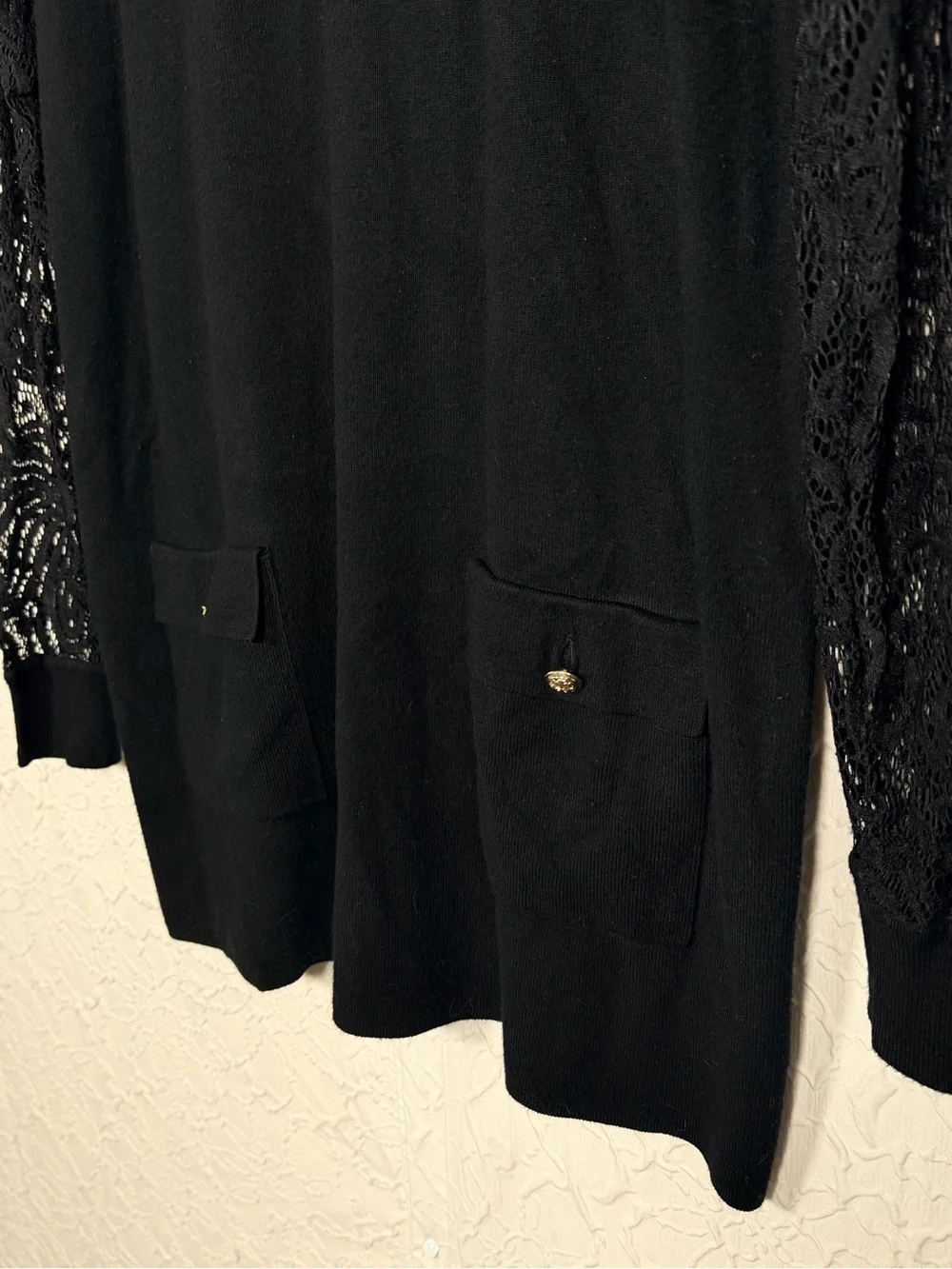 INC International Concepts Black Tunic Lace Sleeve Gold Button Sweater Sz XL
